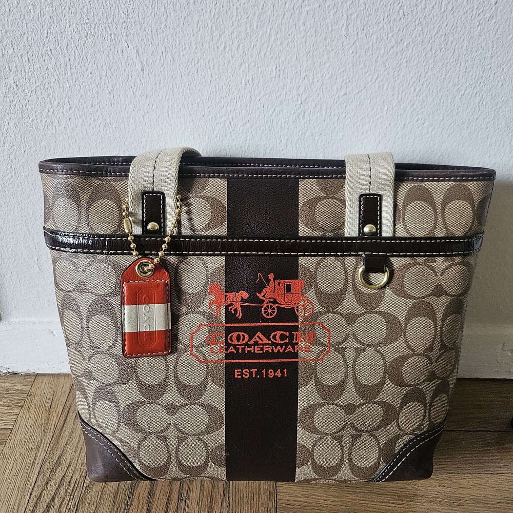 Coach Monogramed CC Signature Small Tote Bag - Brown and Red